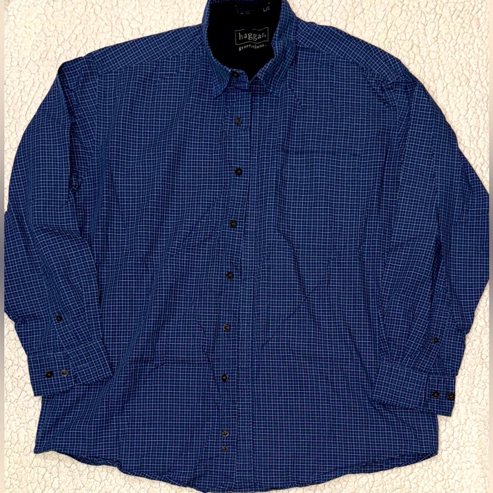 Haggar Generations Blue Checkered Button Down Shirt